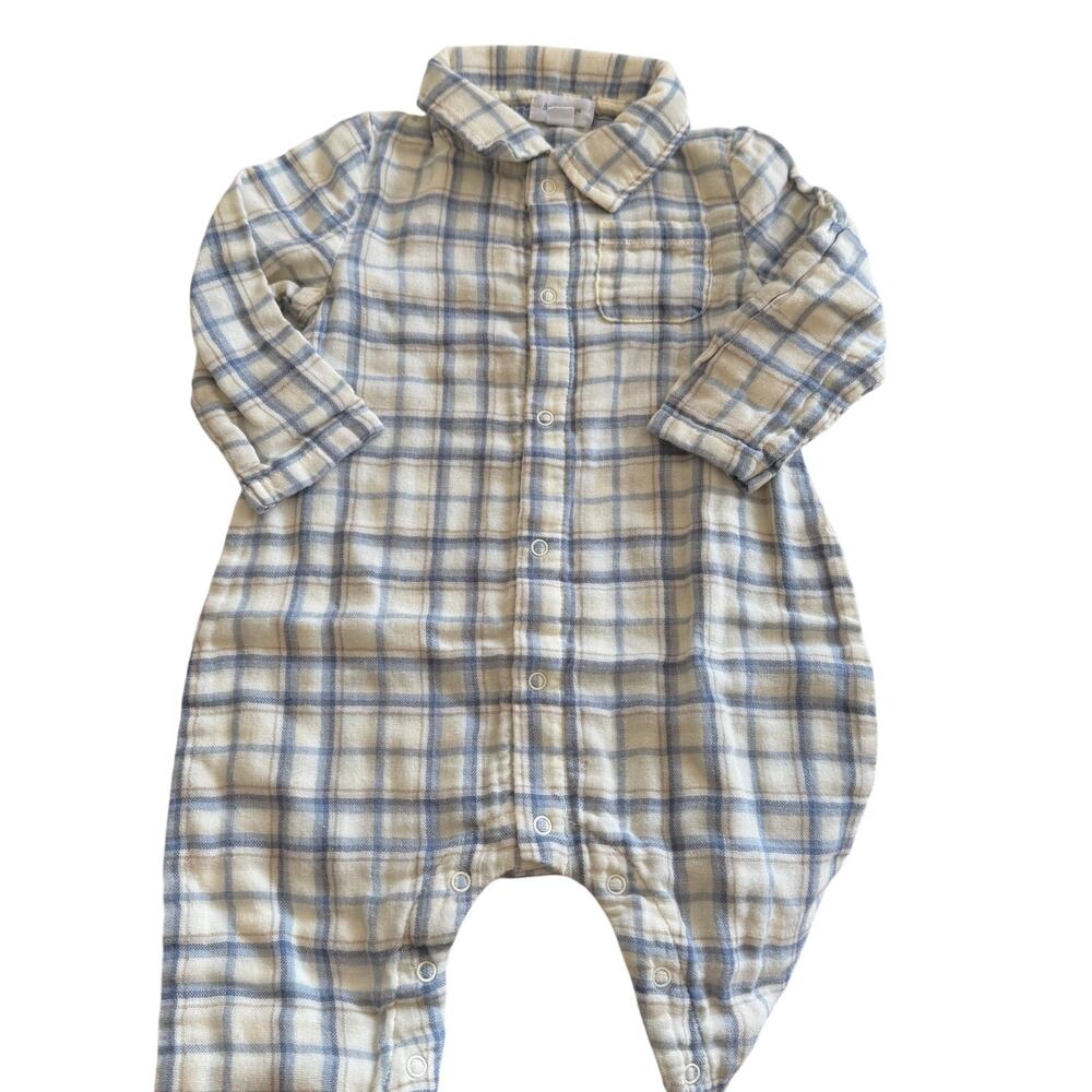 Angel Dear (6-12M) Blue Cream Plaid Gauze Long Sleeve Baby Romper